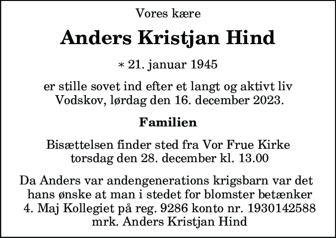 Dødsannonce for Anders Kristjan Hind
