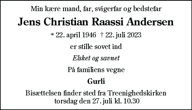 Dødsannonce for Jens Christian Raassi Andersen