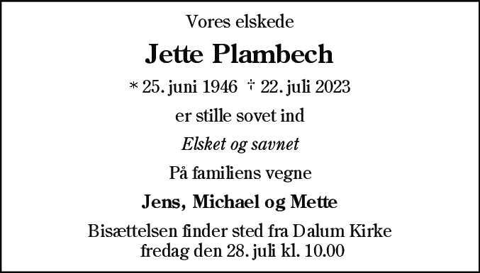Dødsannonce for Jette Møller Plambech