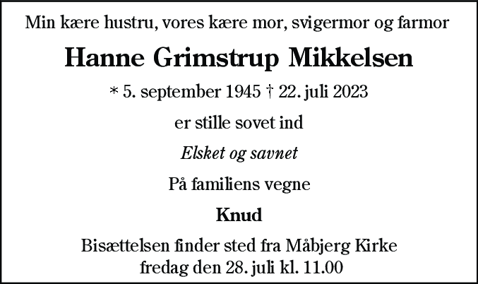 Dødsannonce for Hanne Grimstrup Mikkelsen