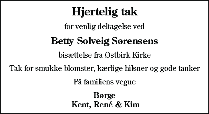 Dødsannonce for Betty Solveig Sørensen
