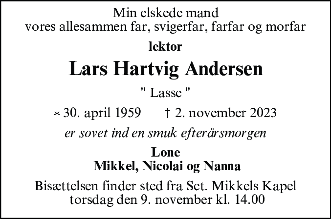 Dødsannonce for Lars Hartvig Andersen