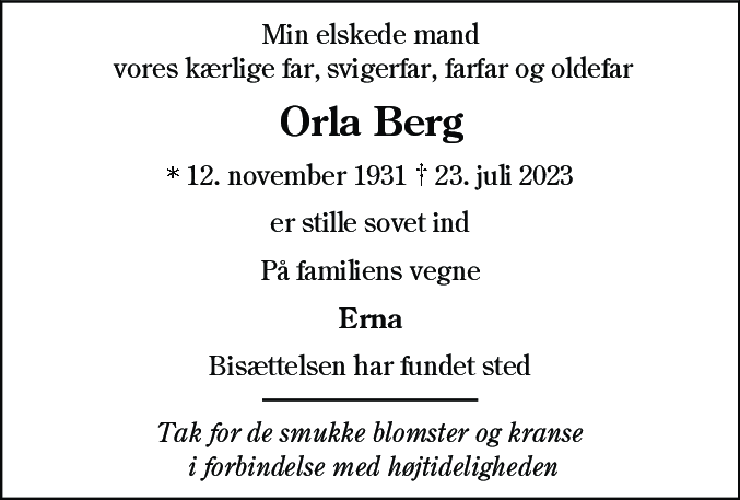 Dødsannonce for Orla Berg