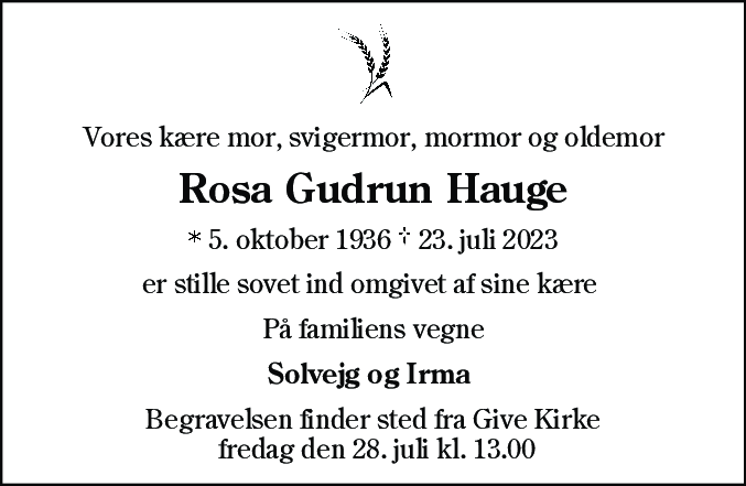 Dødsannonce for Rosa Gudrun Hauge