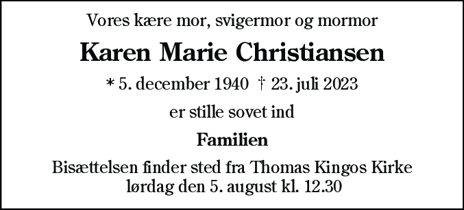 Dødsannonce for Karen Marie Christiansen