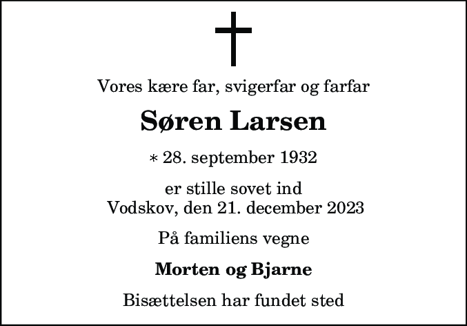 Dødsannonce for Søren Peter Larsen