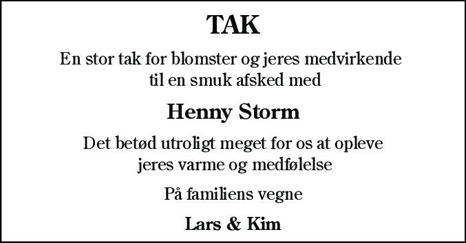 Dødsannonce for Henny Skals Storm