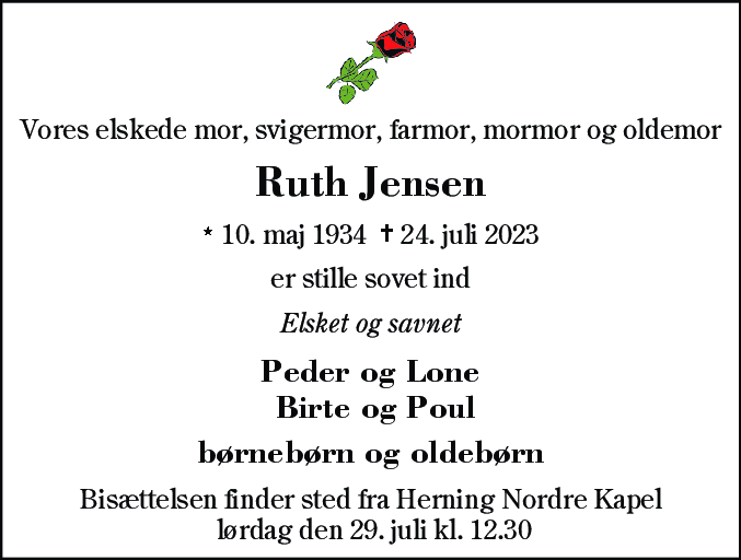 Dødsannonce for Ruth Jensen