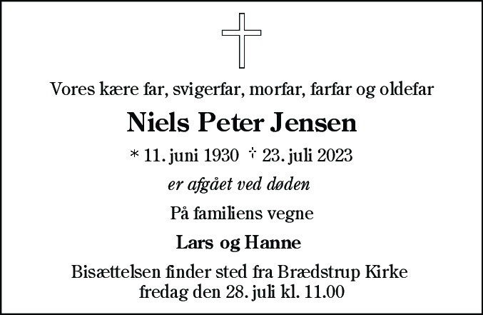 Dødsannonce for Niels Peter Jensen