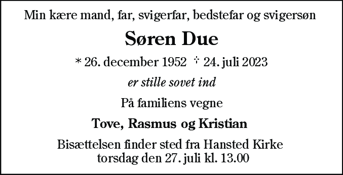 Dødsannonce for Søren Due