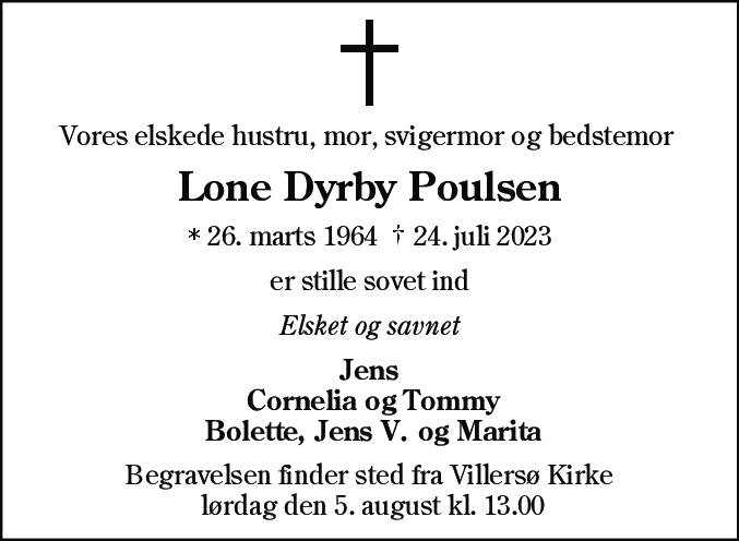 Dødsannonce for Lone Dyrby Poulsen