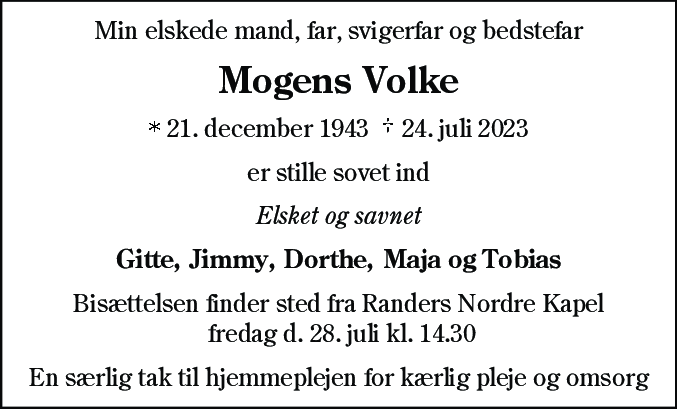 Dødsannonce for Mogens Volke