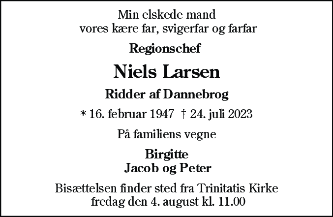 Dødsannonce for Niels Larsen