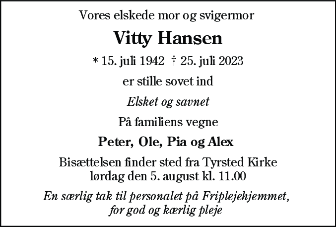 Dødsannonce for Vitty Marie Hansen