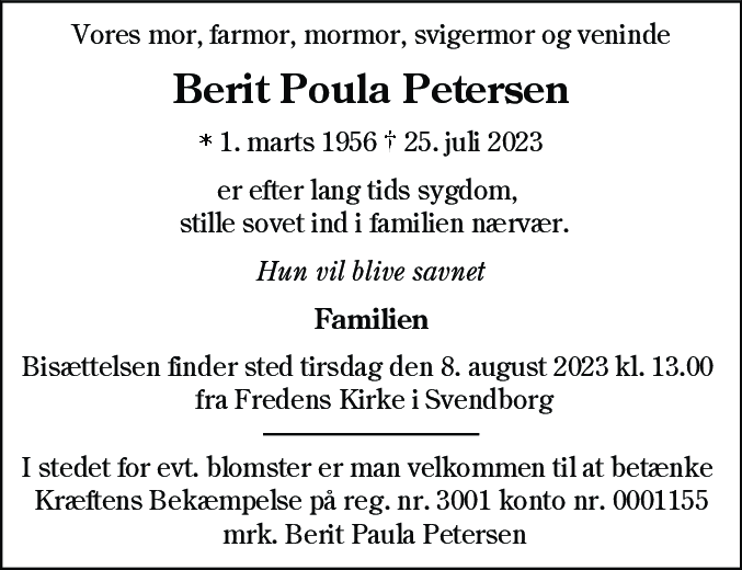 Dødsannonce for Berit Poula Petersen
