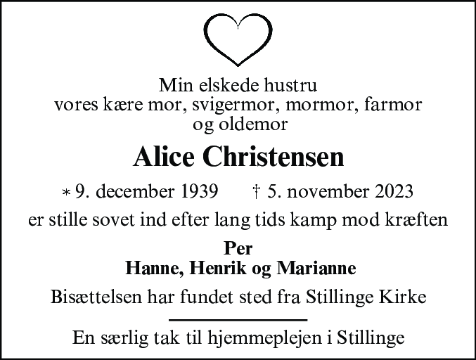 Dødsannonce for Alice Christensen