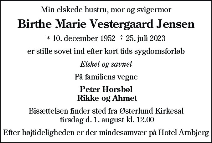 Dødsannonce for Birthe Marie Vestergaard Jensen