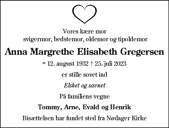 Dødsannonce for Anna Margrethe Elisabeth Gregersen