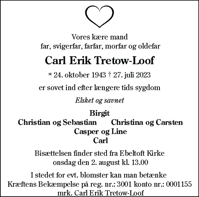Dødsannonce for Carl Erik Tretow-Loof