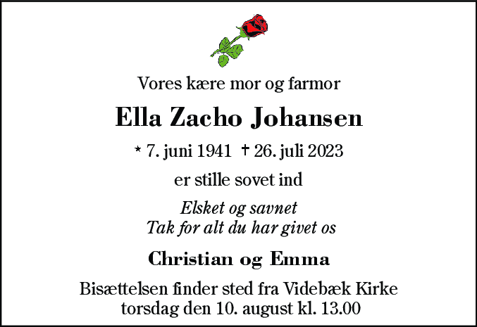 Dødsannonce for Ella Zacho Johansen