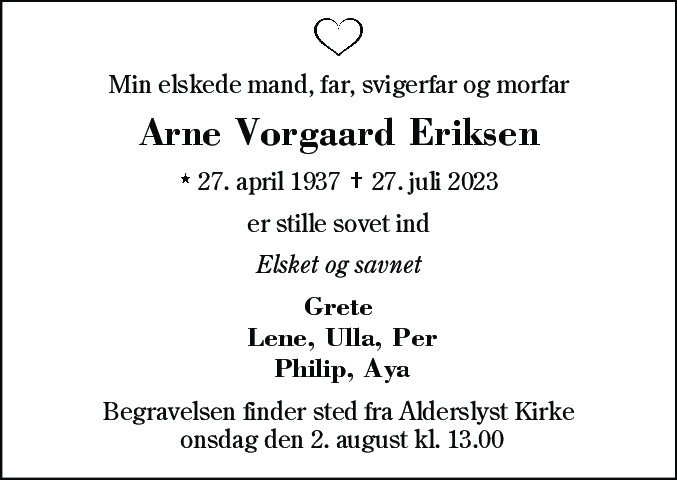 Dødsannonce for Arne Voergaard Eriksen