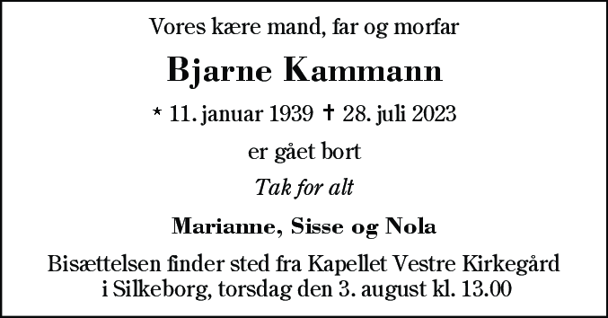 Dødsannonce for Bjarne Kammann