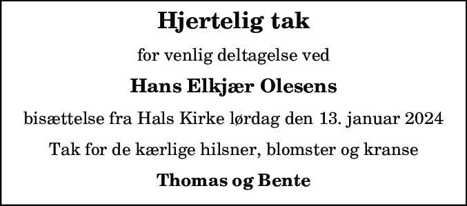 Dødsannonce for Hans Elkjær Olesen