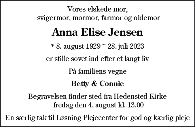 Dødsannonce for Anna Elise Jensen
