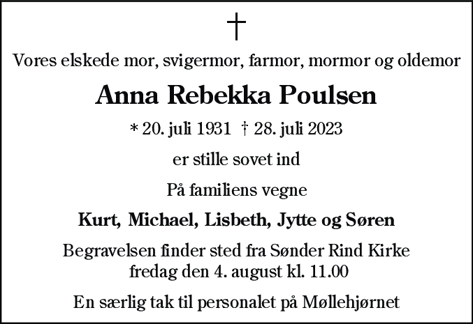 Dødsannonce for Anna Rebekka Poulsen