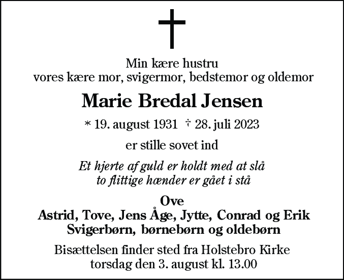 Dødsannonce for Marie Bredal Jensen