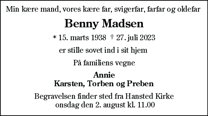 Dødsannonce for Benny Madsen