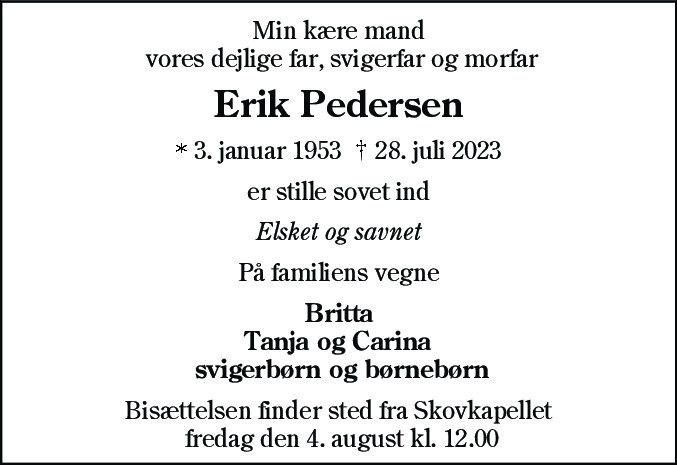 Dødsannonce for Erik Pedersen
