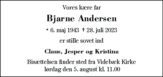 Dødsannonce for Bjarne Andersen