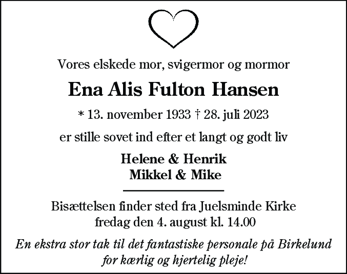 Dødsannonce for Ena Alis Fulton Hansen