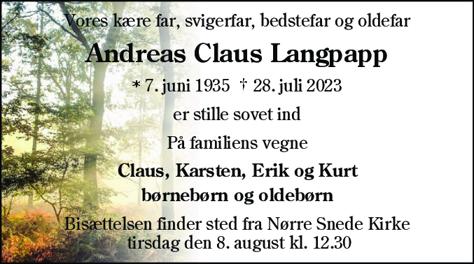 Dødsannonce for Andreas Claus Langpapp