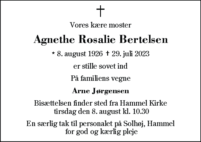 Dødsannonce for Agnethe Rosalie Bertelsen