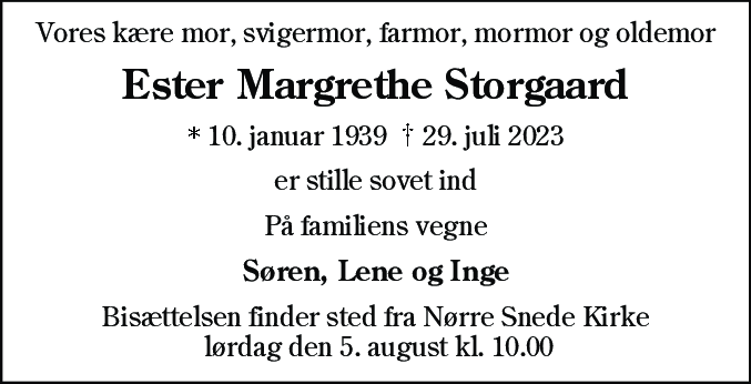 Dødsannonce for Ester Margrethe Storgaard
