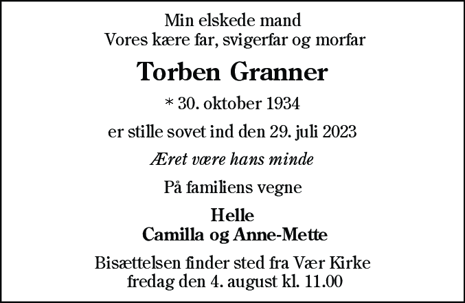 Dødsannonce for Torben Granner