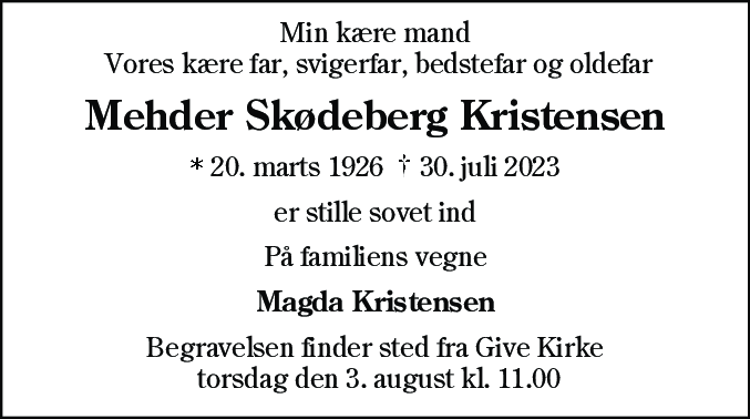 Dødsannonce for Mehder Skødeberg Kristensen