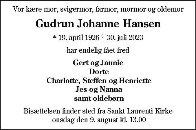 Dødsannonce for Gudrun Johanne Hansen