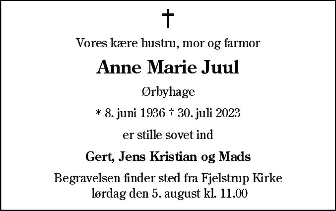 Dødsannonce for Anne Marie Juul