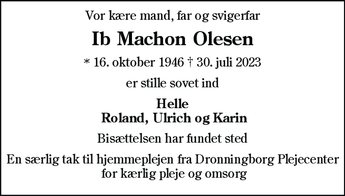 Dødsannonce for Ib Machon Olesen