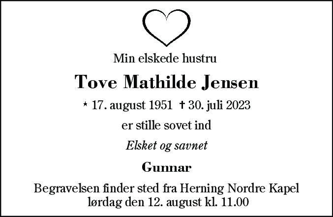 Dødsannonce for Tove Mathilde Jensen