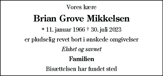 Dødsannonce for Brian Grove Mikkelsen