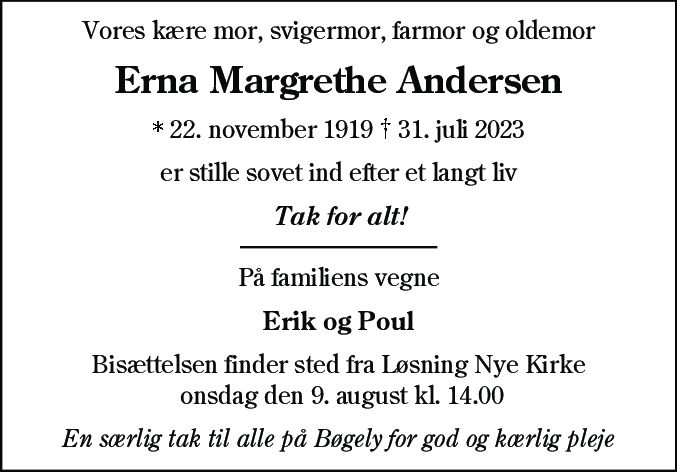 Dødsannonce for Erna Margrethe Andersen