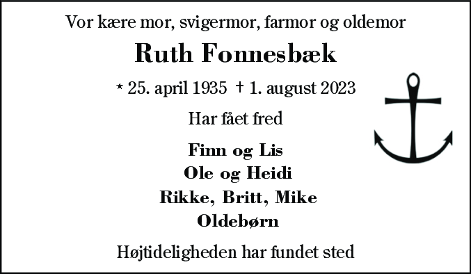 Dødsannonce for Ruth Fonnesbæk