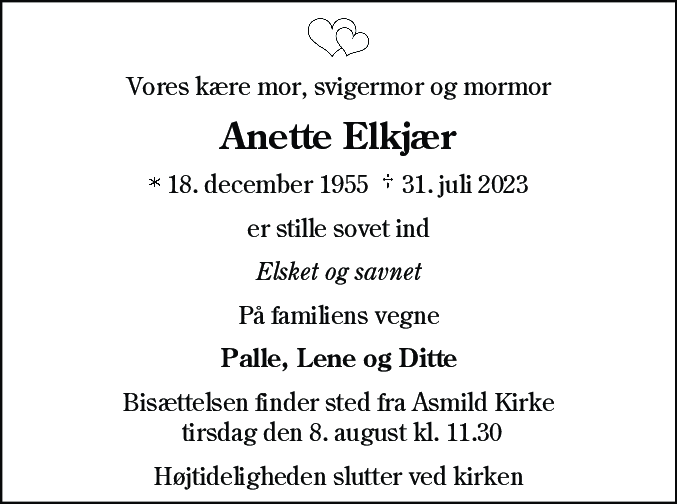 Dødsannonce for Anette Elkjær