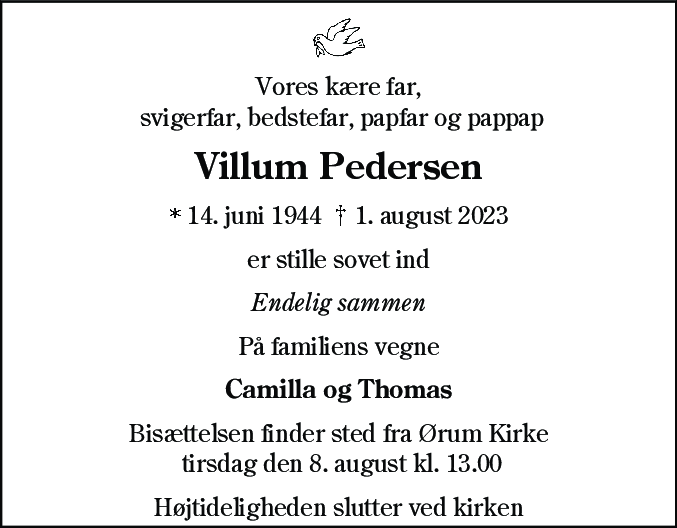Dødsannonce for Villum Ingolf Pedersen