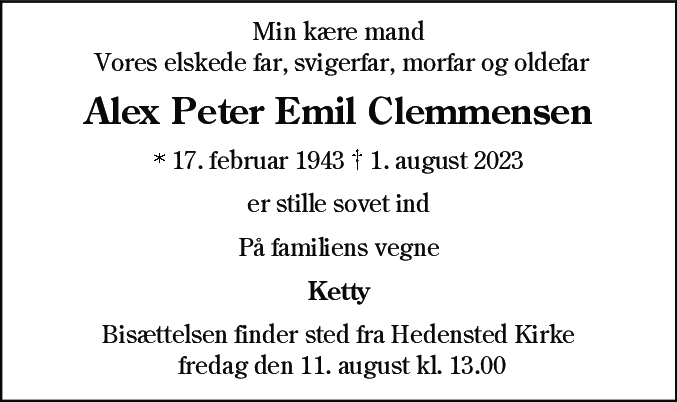 Dødsannonce for Alex Peter Emil Clemmensen