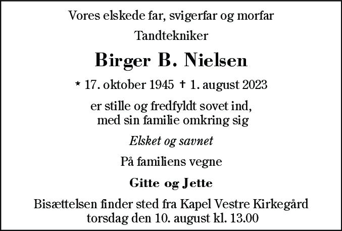 Dødsannonce for Birger Bjarne Nielsen